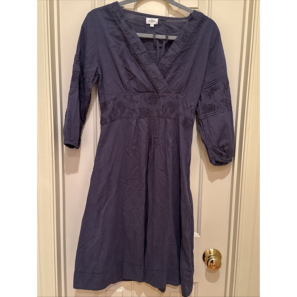 Poetry Blue Embroidered Dress V Neck Gauze Midi US 8 Tie Waist Zip‎ Closure
